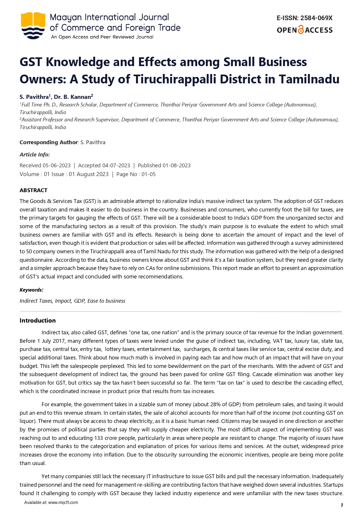 GST Knowledge and Effects among Small Business  Owners: A Study of Tiruchirappalli District in Tamilnadu