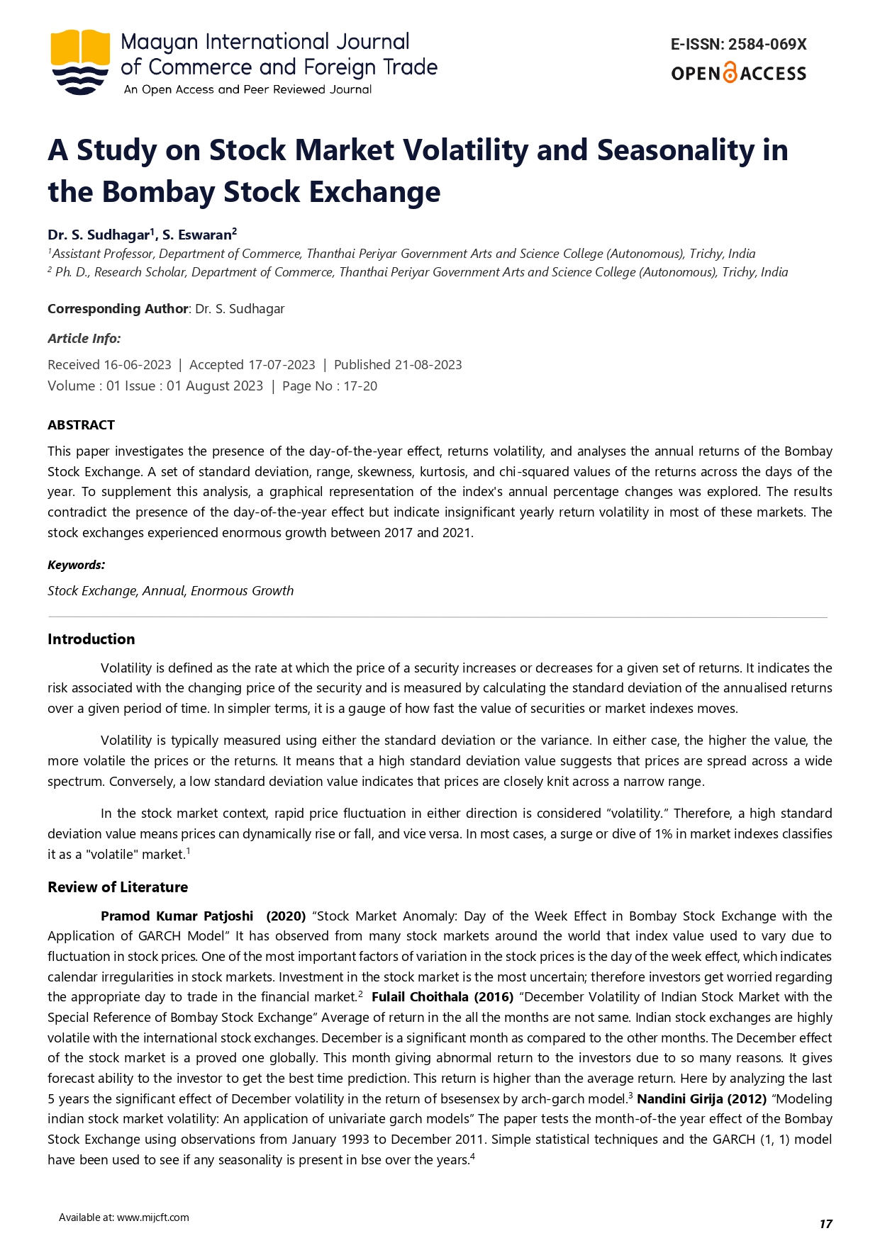 A Study on Stock Market Volatility and Seasonality in the Bombay Stock Exchange