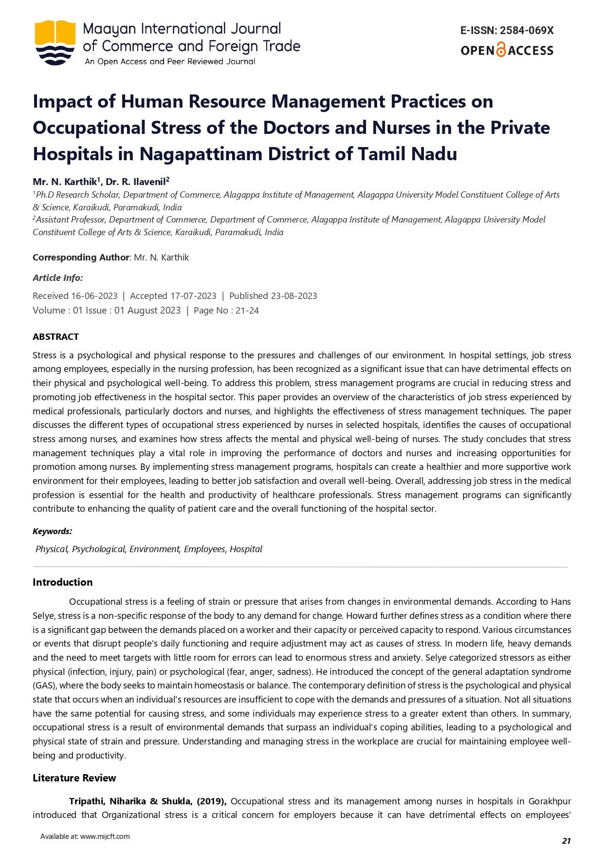 Impact of Human Resource Management Practices on Occupational Stress of the Doctors and Nurses in the Private Hospitals in Nagapattinam District of Tamil Nadu